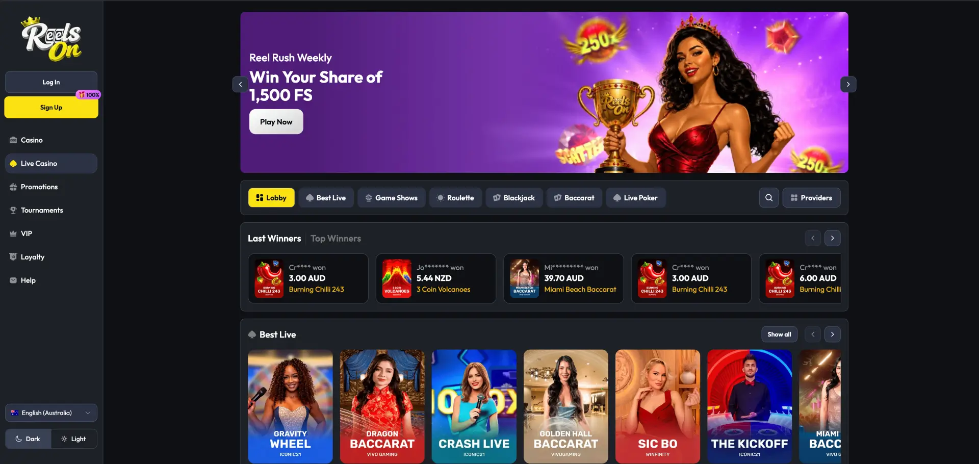 ReelsOn Casino live casino Australia roulette blackjack and game shows