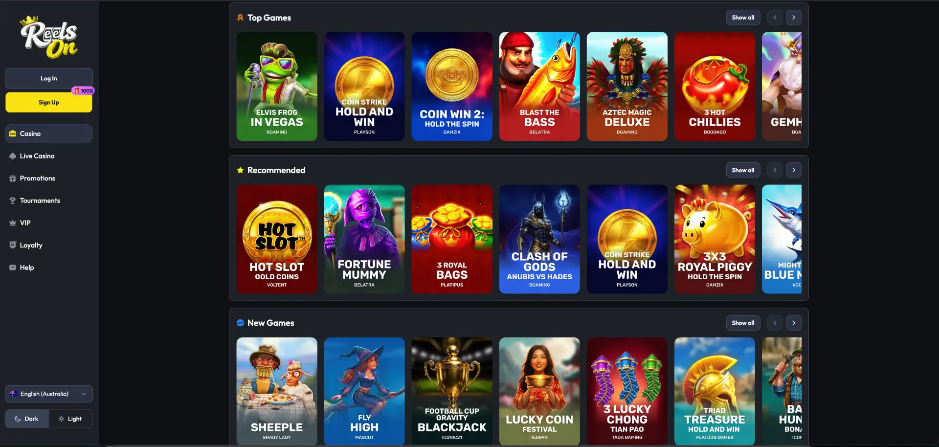ReelsOn Casino pokies Australia lobby with top slot games